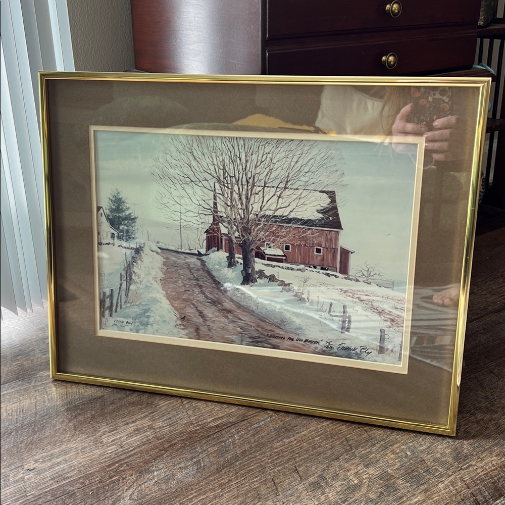 VTG Frank Bly Artist Signed New England Winter Landscape Gold Framed Wall Art